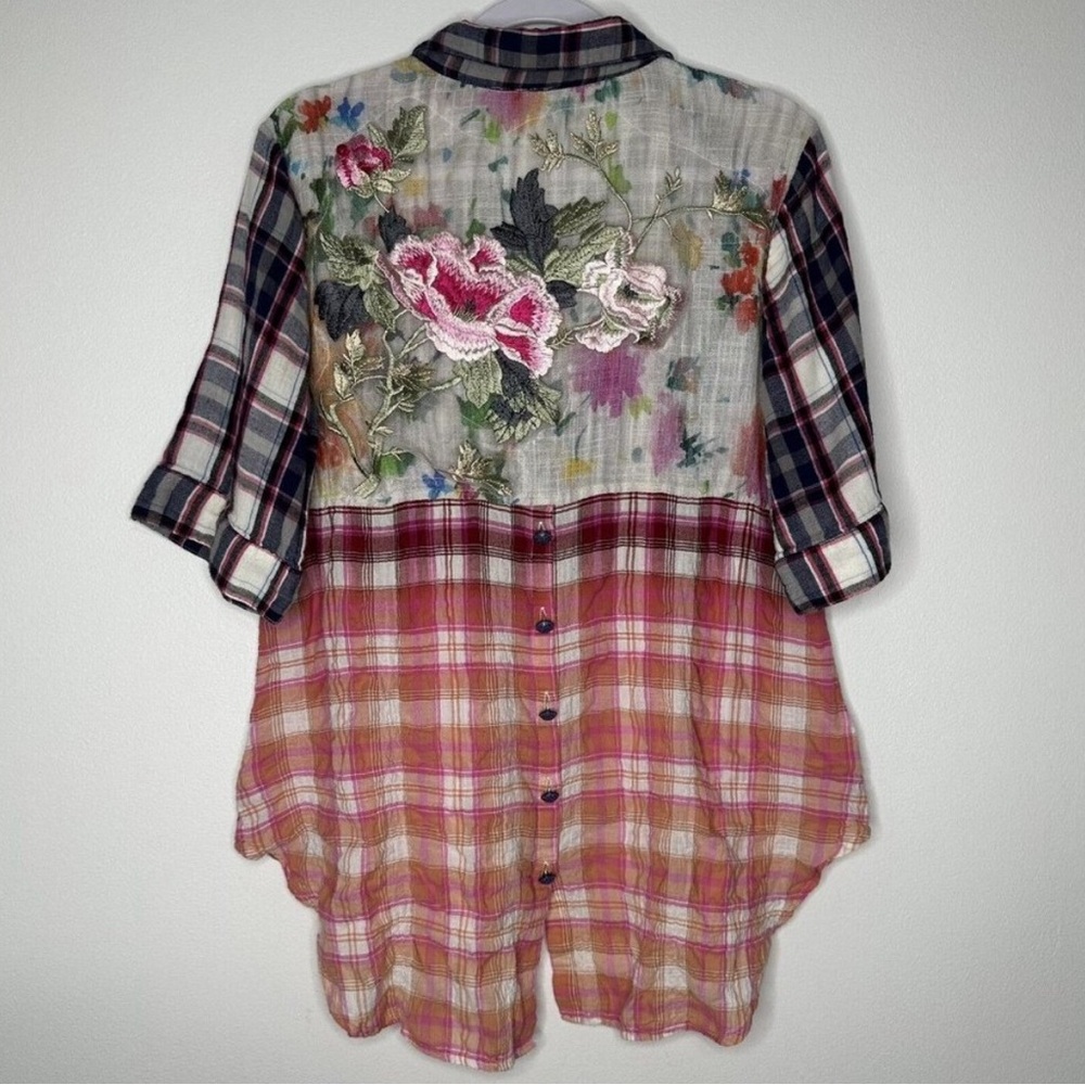 Aratta Silent Journey Sz L Patchwork Floral Embroidered Plaid Shirt Boho Cotton